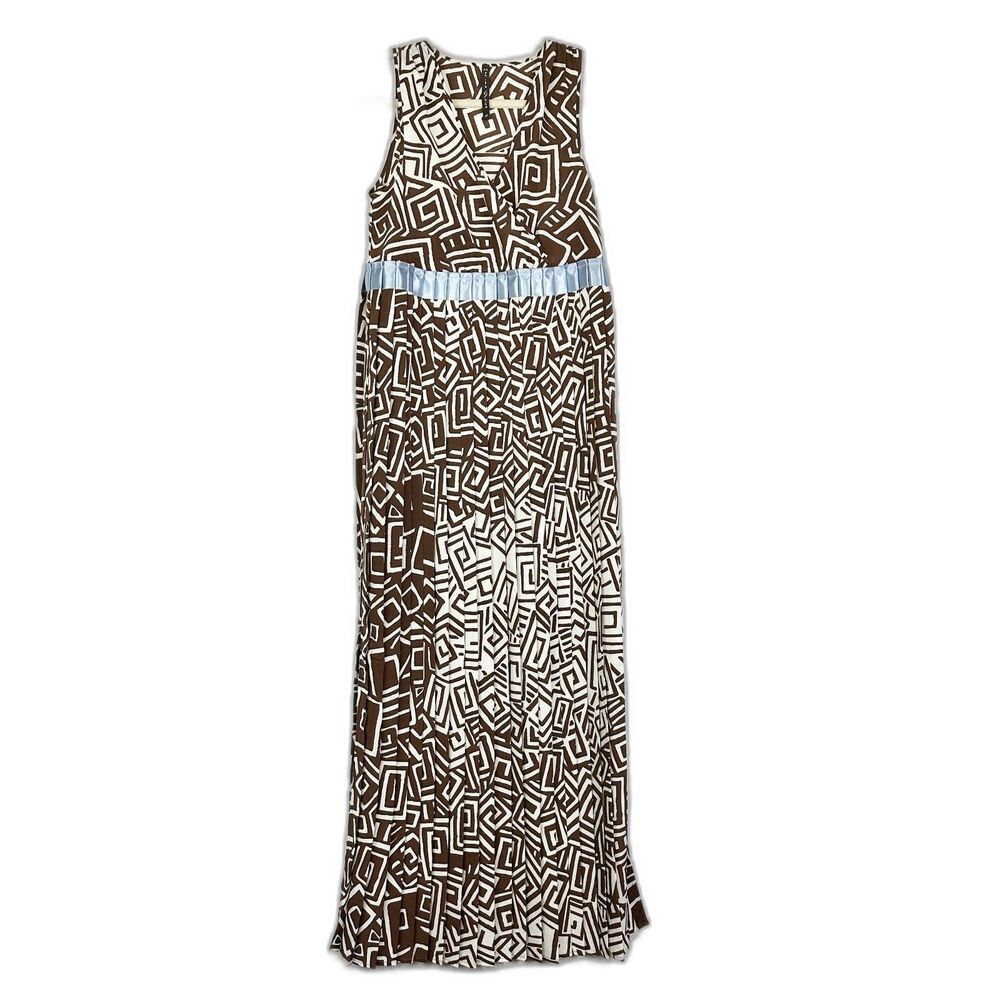 Manila Grace Maxi Dress Size 40 US Small Pleated Geometric Split Hem Brown